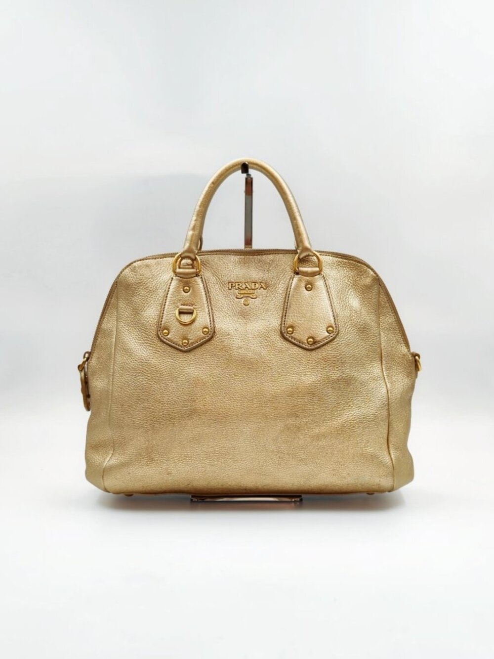 Prada Vitello Daino Metallic Gold Pebbled Leather Satchel Bag - Picture 1 of 13